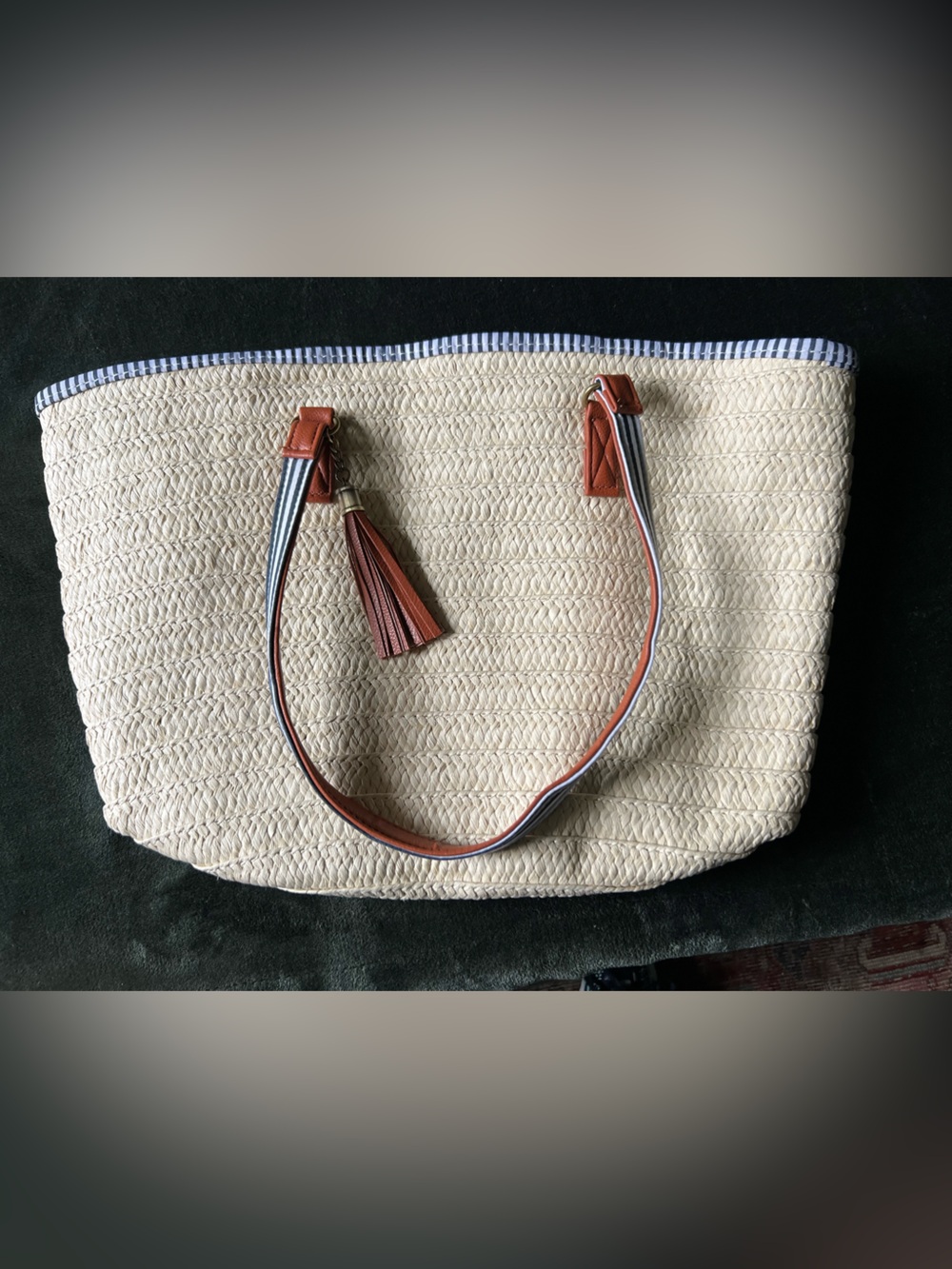 Woven Straw Tote Bag with Brown Leather Trim - Neutral-like new-pockets inside
